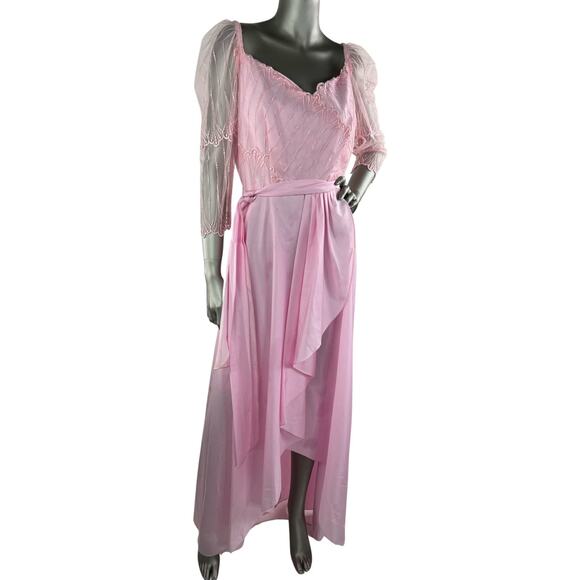 Vintage 1980s Pink Maxi Dress with Mesh and Embroidered Bodice Medium - Picture 6 of 8